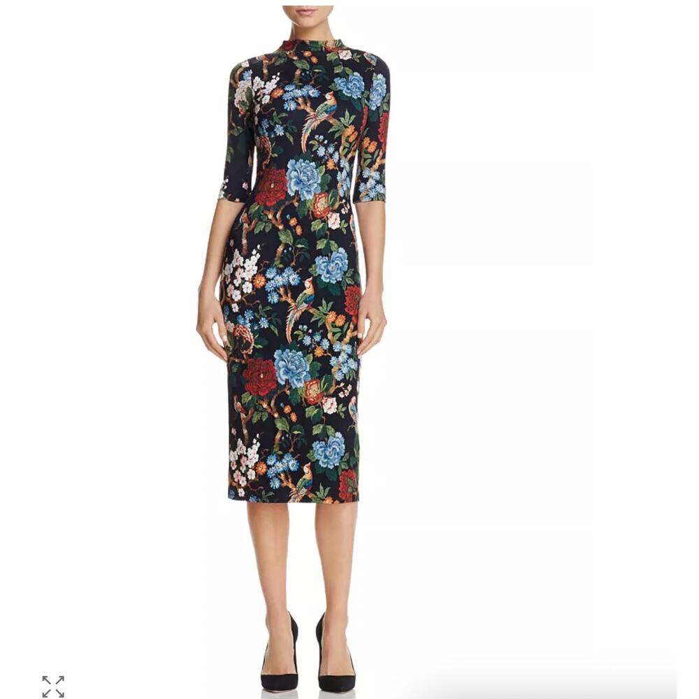 Alice + Olivia Delora Fitted Mock Neck Midi Dress Sz 0 - Botanical Bird Floral